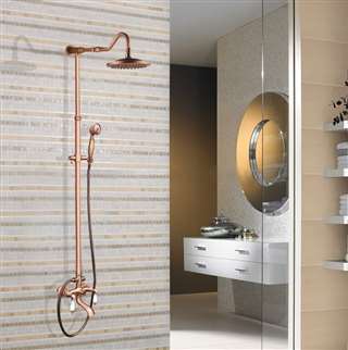 Luxury Hospitality Style 8-Inch Round Rose Gold Rainfall Shower Head with Tub Faucet and Hand Sprayer Set
