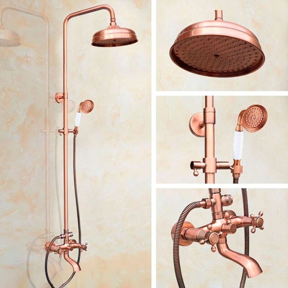 8 inch Round Rainfall Wall Mount Shower System with Hand Shower and Tub Faucet in Rose Gold Finish (BS10508)