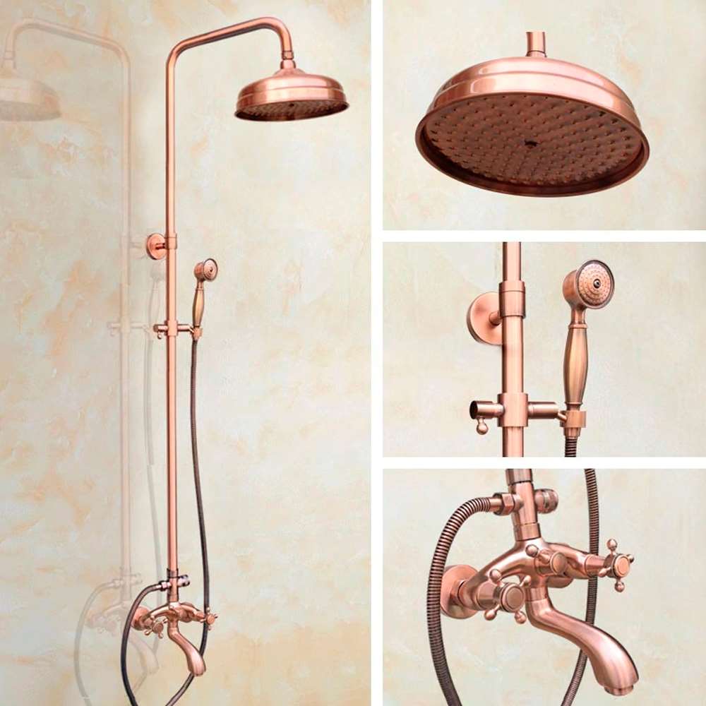 8 inch Rain Shower Faucet Set Dual Handles with Swivel Tub Spout Wall Mounted in Rose Gold (BS10514)