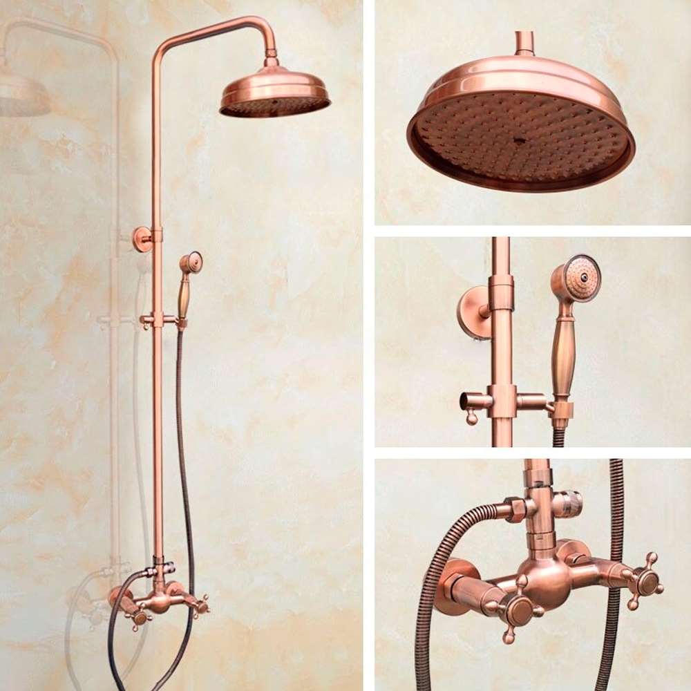 8 inch Rain Shower System with Tub Spout and Hand Shower in Vintage Rose Gold Wall Mounted Mixer Set (BS10526)