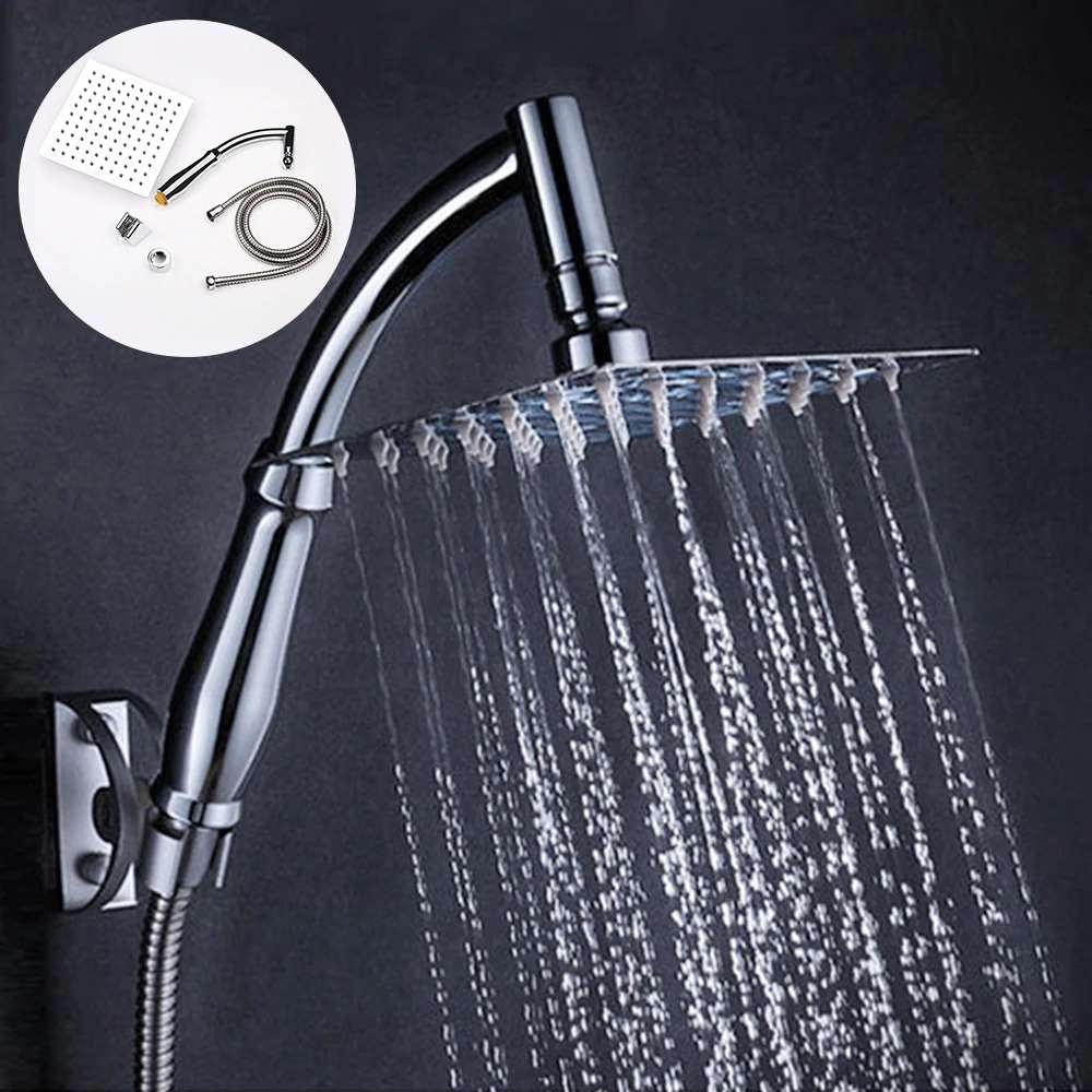 8" Stainless Steel Square Shower Head + Shower Arm + Stainless Steel Hose High Pressure Wall Mounted Rainfall Shower Head Set (BS10589)
