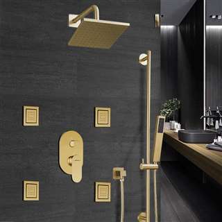 Hospitality Bravat Rainfall Square Shower Head And Hand Held Shower With Body Jet & Thermostatic Mixer Valve In Brushed Gold Finish