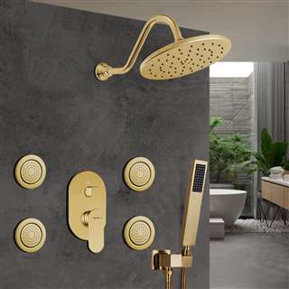 Hospitality Bravat Wall Mounted Shower Head And Hand Held Shower With Body Jet & Thermostatic Mixer Valve In Brushed Gold Finish