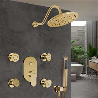 Hospitality Bravat Wall Mounted Shower Head And Hand Held Shower With Body Jet & Thermostatic Mixer Valve In Brushed Gold Finish