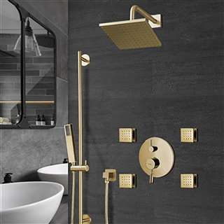 Bravat Rainfall Square Shower Head And Hand Held Hospitality Shower With Body Jet & Thermostatic Mixer Valve In Brushed Gold Finish