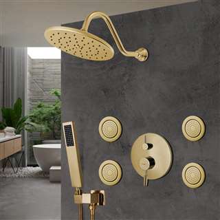 Hospitality Bravat Wall Mounted Shower Head And Hand Held Shower With Body Jet & Thermostatic Mixer Valve In Brushed Gold Finish