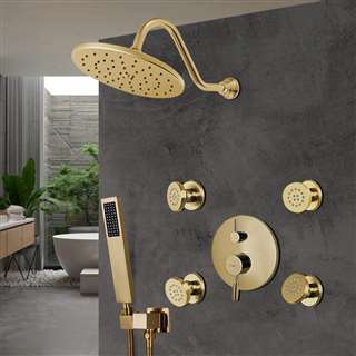 Hospitality Bravat Wall Mounted Shower Head And Hand Held Shower With Body Jet & Thermostatic Mixer Valve In Brushed Gold Finish