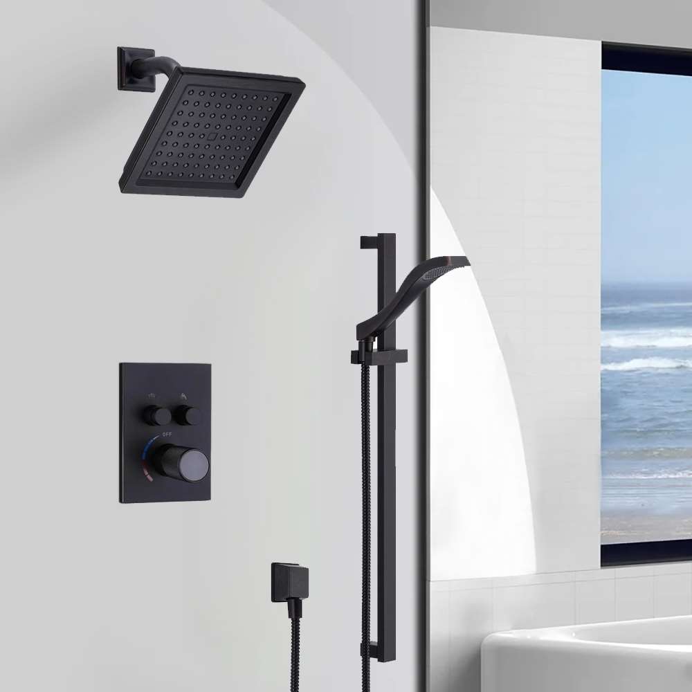 BS111801B � Ancona Wall Mount Matte Black Square Shower Head With 2-Way Concealed Thermostatic Mixer Shower Set With Handheld Shower