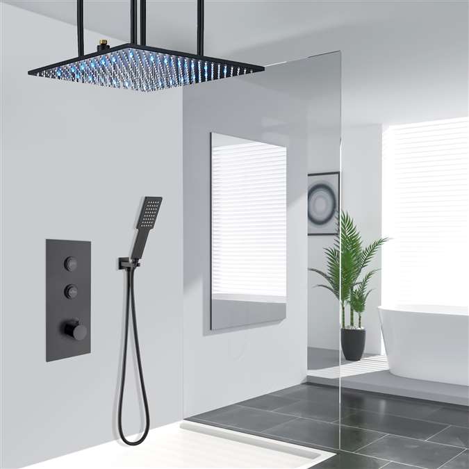 Browse Bagheria Thermostatic LED 24" Matte Black Ceiling Mount Rainfall ...