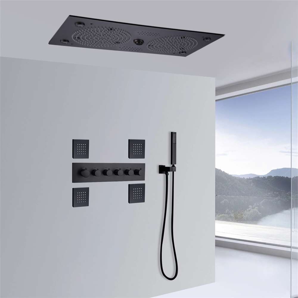 BS145039- � Ancona Thermostatic Matte Black Recessed Ceiling Mount LED Rainfall Musical Shower System with Jetted Body Sprays and Hand Shower