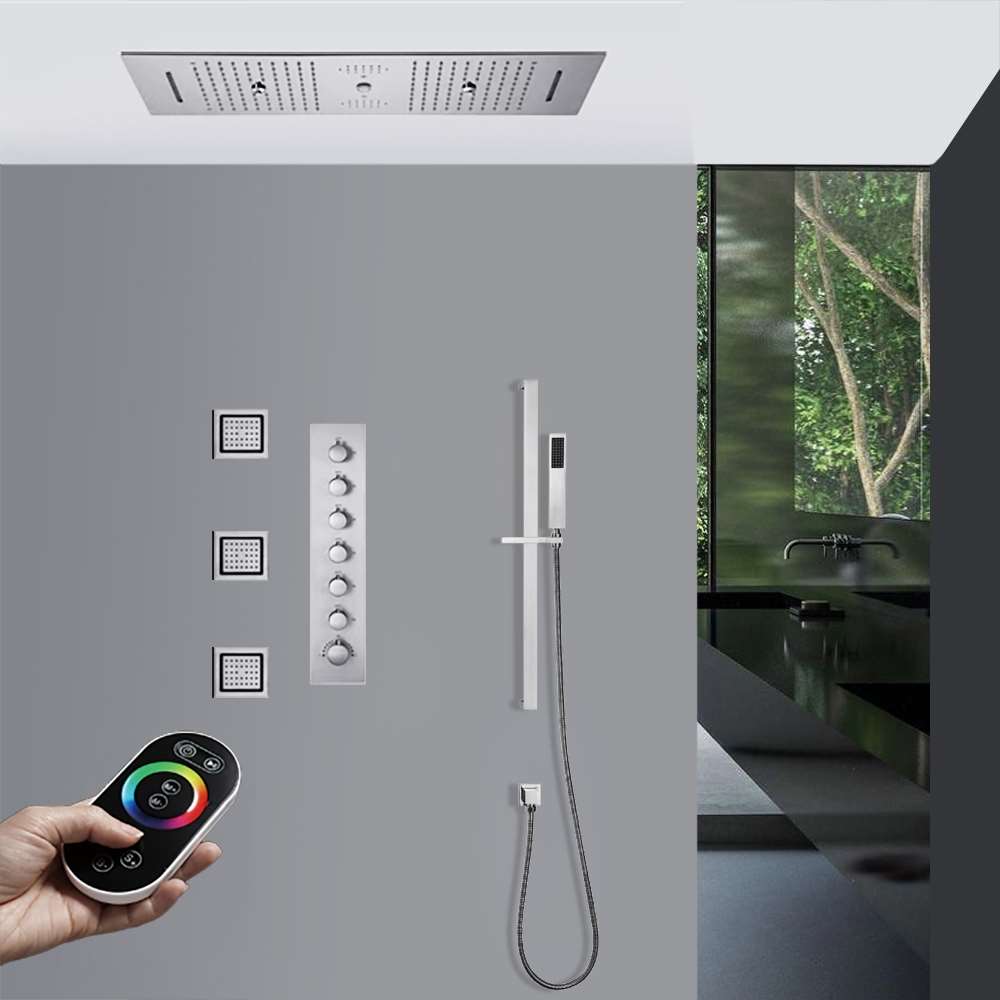 Alba Remote controlled Chrome LED Thermostatic Recessed Ceiling Mount Musical Rainfall Shower System with 3 Jetted Body Sprays and Hand Shower (BS145048)