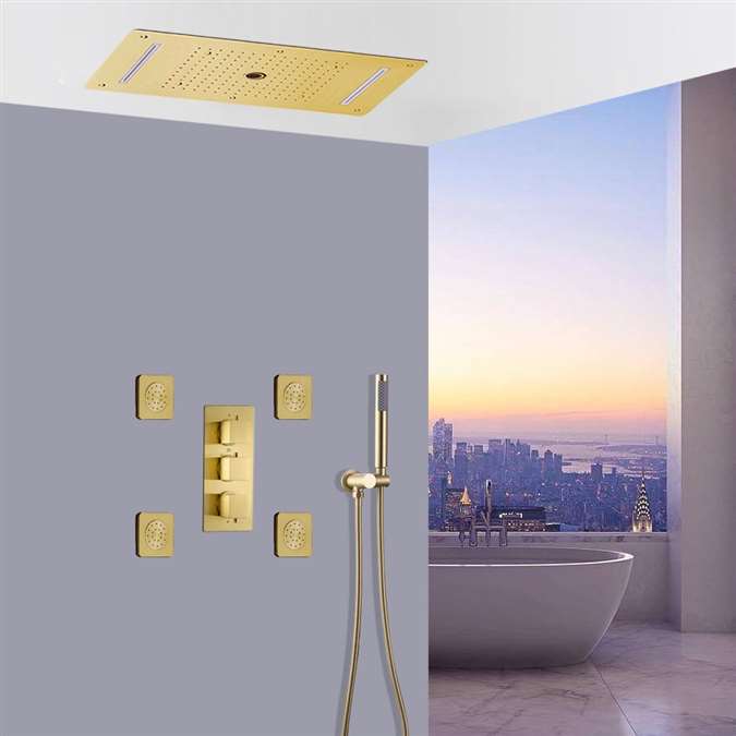 Novara Thermostatic Brushed Gold Recessed Ceiling Mount LED Waterfall ...