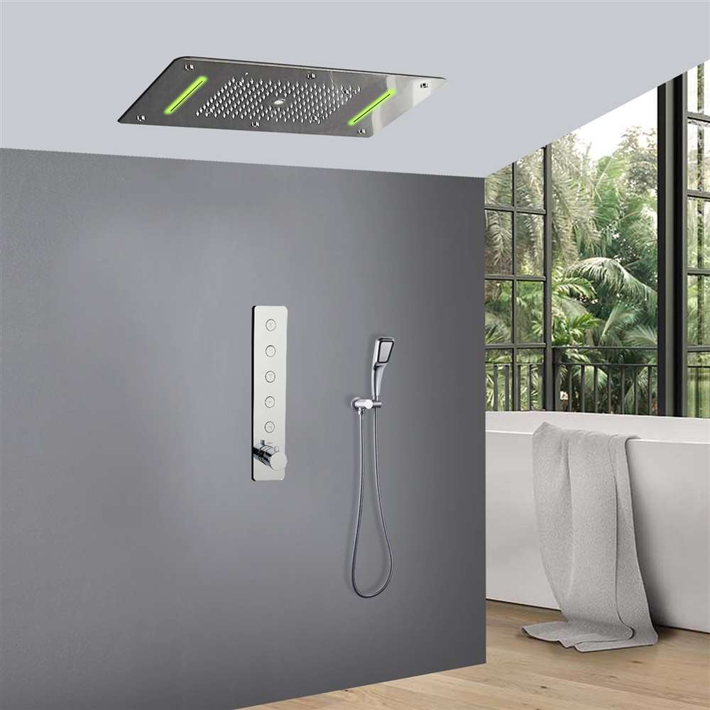 BS145077 � Andria Chrome Thermostatic Recessed Ceiling Mount LED Rainfall Waterfall Mist Shower System with Vertical Valve and Handheld Shower