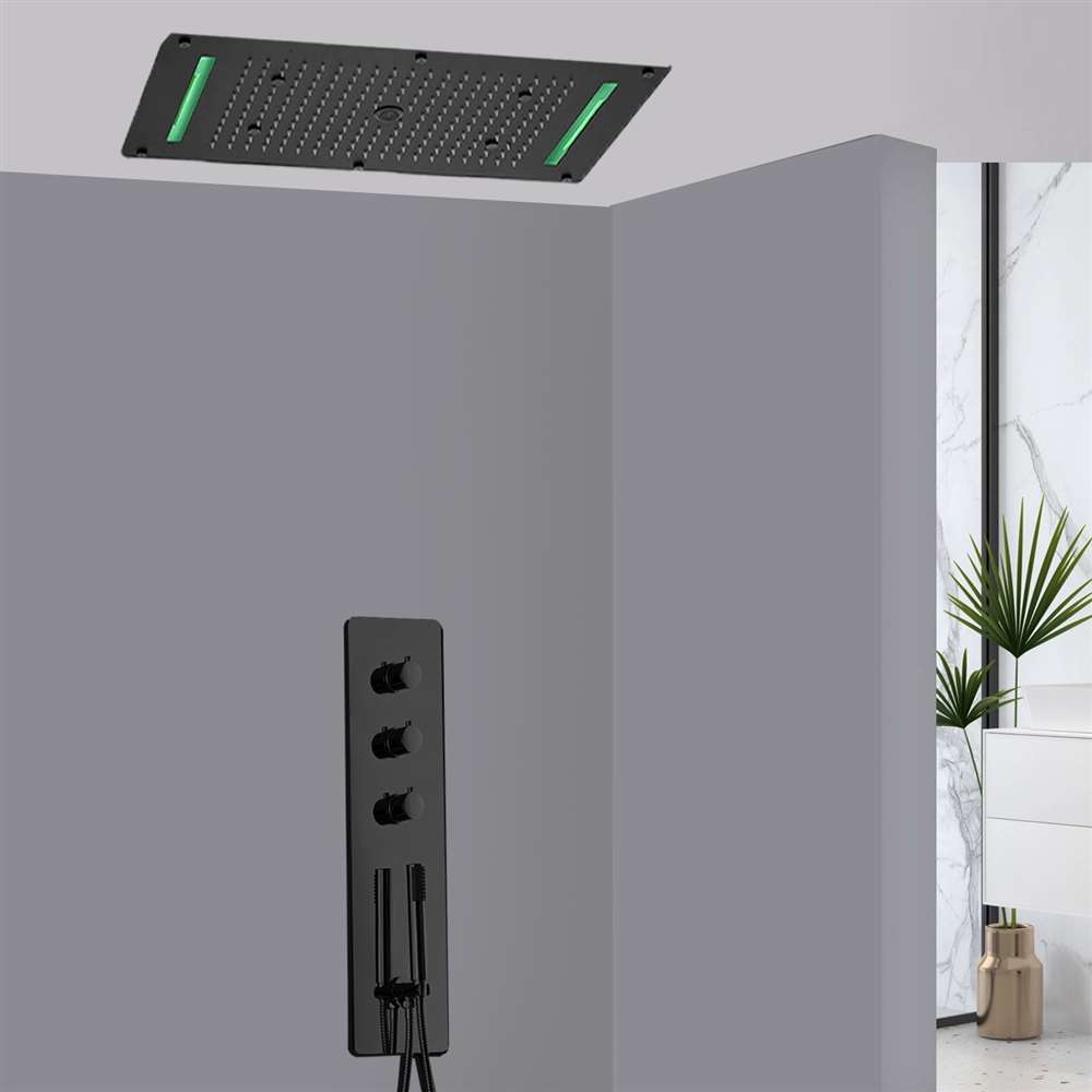 Alessandria Matte Black Thermostatic Classy Recessed Ceiling Mount LED Rainfall Shower System with Hand Shower (BS145079)