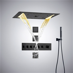 Gela Thermostatic Matte Black Recessed Ceiling Mount LED Rainfall Shower System with Handheld Shower and Jetted Body Sprays
