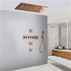 Vittoria Sophisticated Rose Gold Thermostatic Recessed Ceiling Mount LED Waterfall Rainfall Shower System with Hand Shower and Jetted Body Sprays