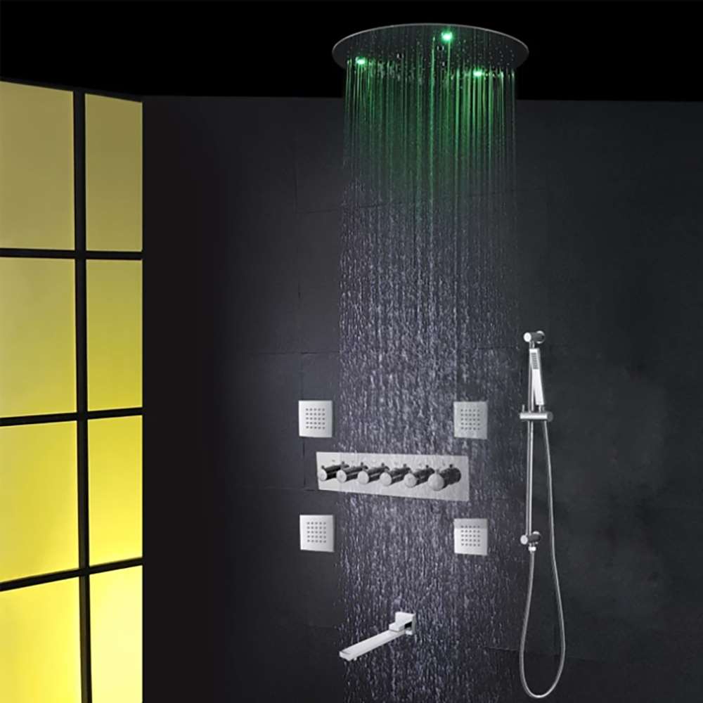 Acerra Chrome Polished LED Thermostatic Recessed Ceiling Mount LED Rainfall Waterfall Shower System with Hand Shower and Jetted Body Sprays (BS145090)