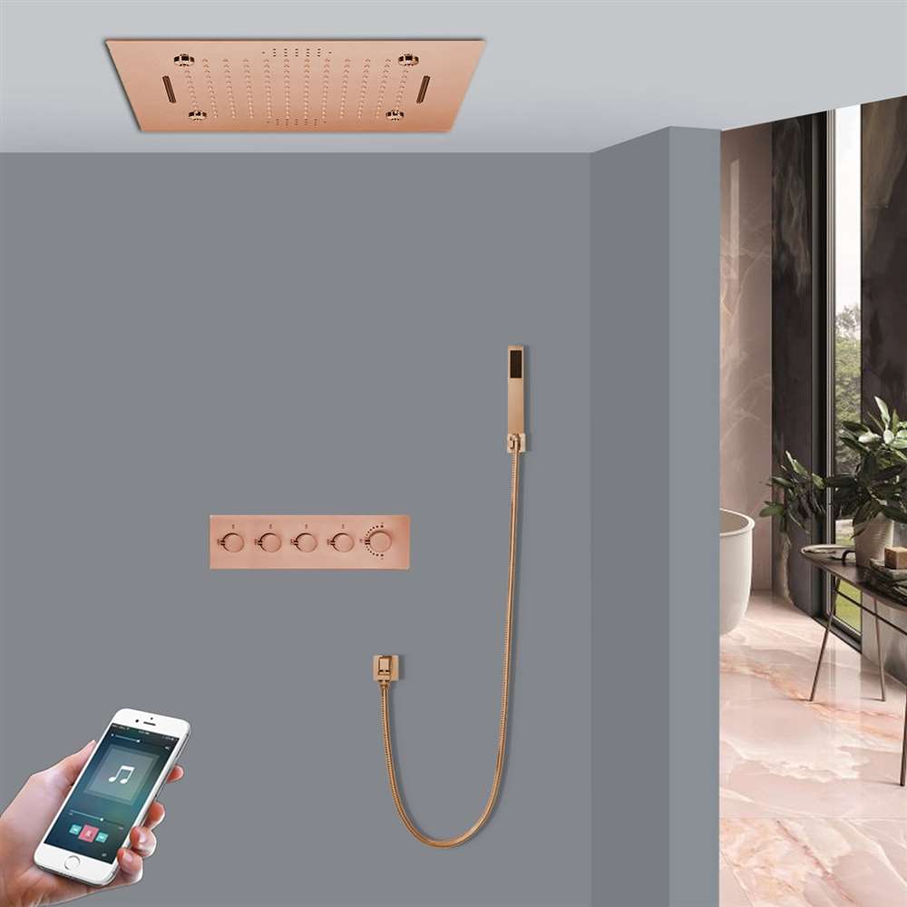 Afragola Thermostatic Rose Gold LED Phone controlled Recessed Ceiling Mount Mist Waterfall Mist Rainfall Shower System with Hand Shower (BS145125)