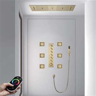 Parma Remote Controlled Brushed Gold Thermostatic LED Ceiling Mount Rainfall Waterfall Water Column Mist Shower System with Square Hand Shower and Jetted Body Sprays
