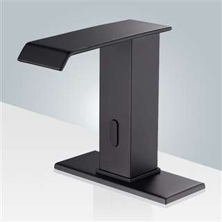 BathSelect Hospitality Automatic Touchless Sensor Faucet Black Motion Activated Bathroom Sink Faucets Waterfall Hands Free Water Tap with Deck Plate Temperature Mixer Valve Dual Powered Commercial