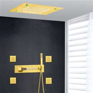 Bergamo Hospitality LED Recessed Ceiling Mount Brushed Gold Thermostatic Waterfall Rainfall Shower System with Body Jets and Hand Shower