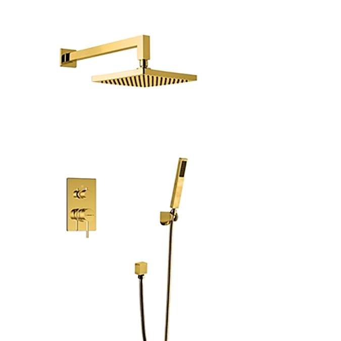 Bravat Wall Mount Gold Square Shower Head With Hand-Held Shower & Mixer
