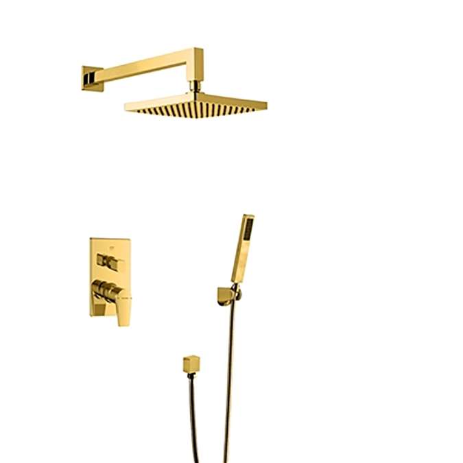 Bravat Elegant Wall Mount Gold Shower Head With Hand-Held Shower & Thermostatic Shower Mixer