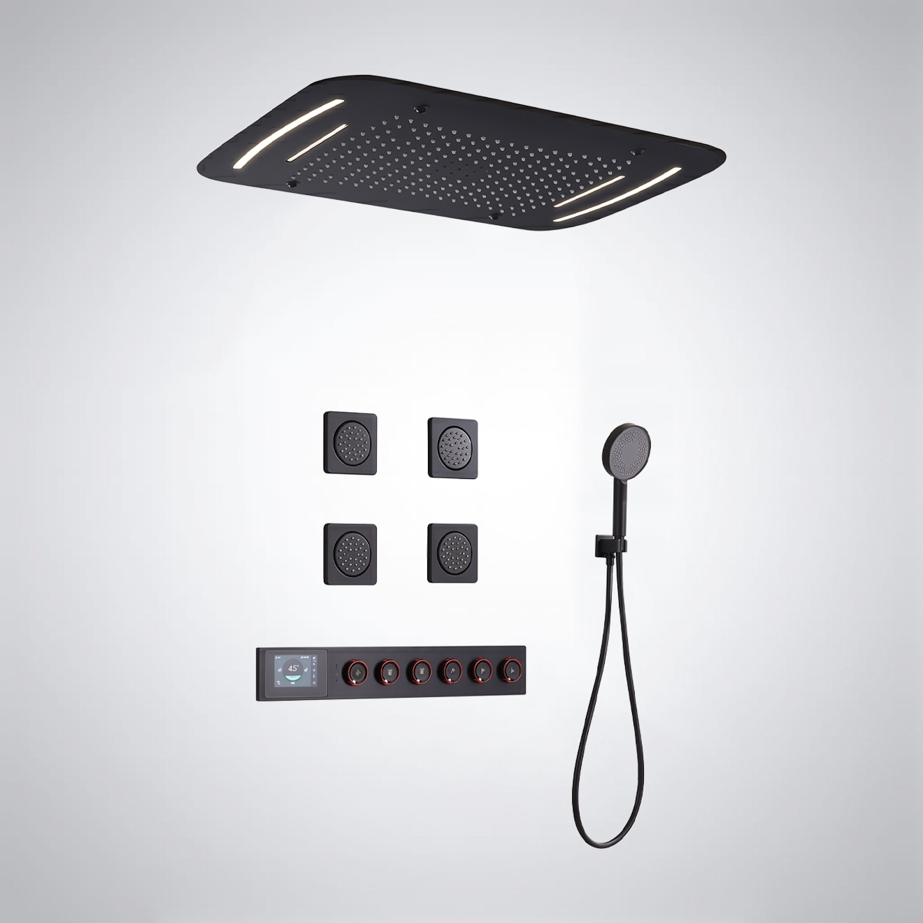 Guest-room handheld spray paired with thermostatic control