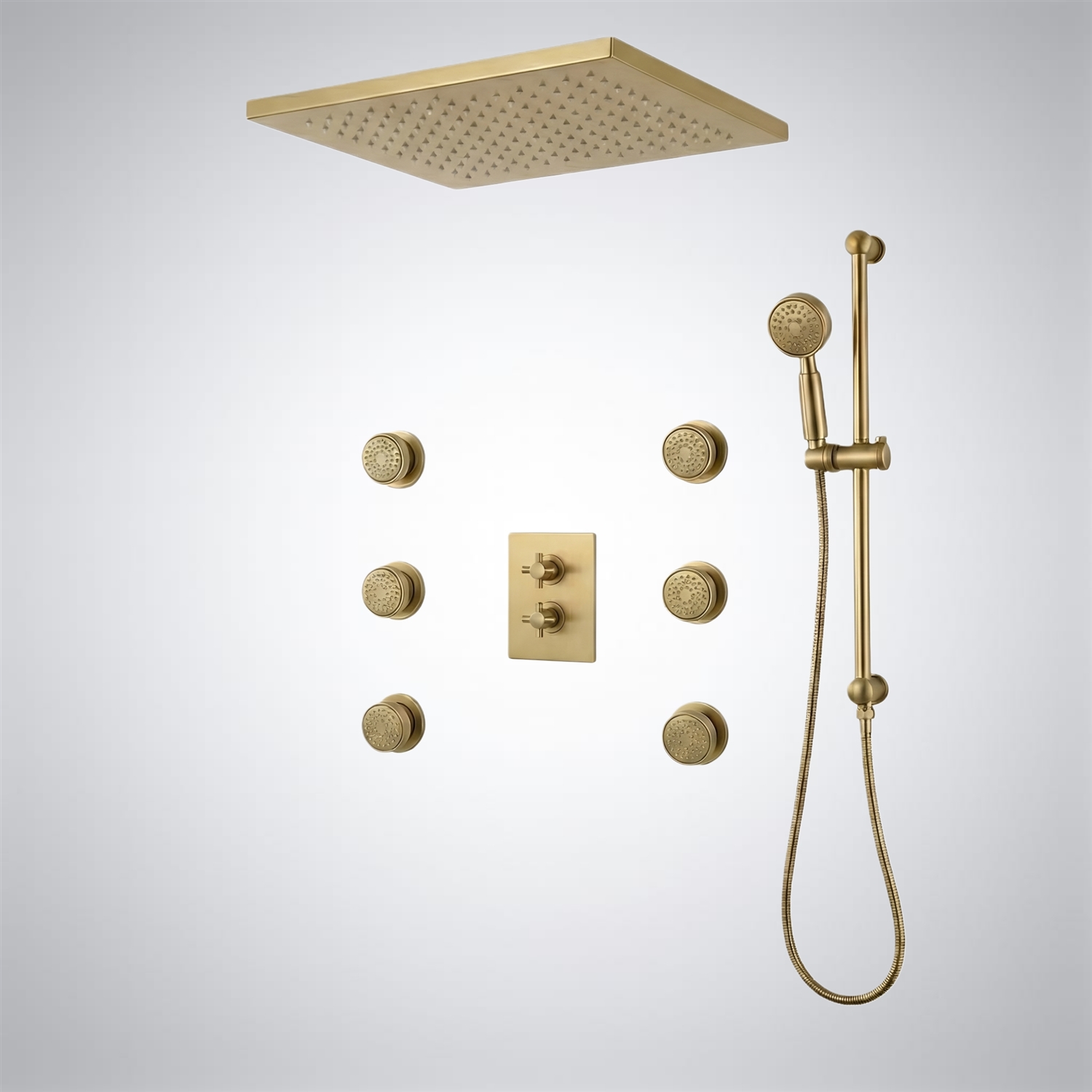 BathSelectVerto Brushed Gold Thermostatic Ceiling Mount Rainfall Shower System with Hand Shower and Six Body Jets