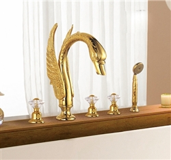 BathSelect Pisa Gold 5 Piece Deck Mount Widespread Crystal Handles Swan Bathtub Faucet Mixer
