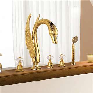 BathSelect Pisa Gold 5 Piece Deck Mount Widespread Crystal Handles Swan Bathtub Faucet Mixer BathSelect Pisa Gold 5 Piece Deck Mount Widespread Crystal Handles Swan Bathtub Faucet Mixer