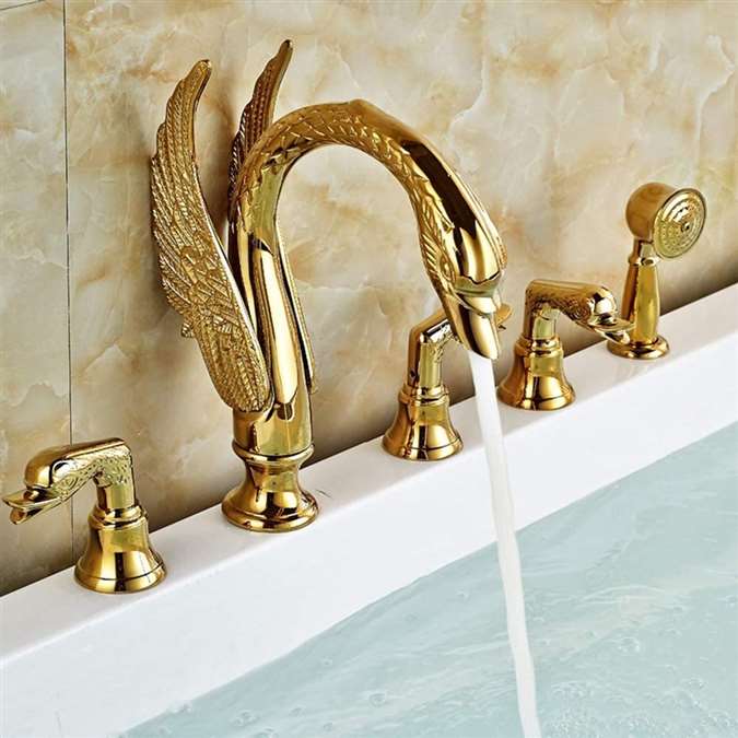 BathSelect Dragon Gold Finish Dual Handle 5 Piece Deck Mount Bathtub Faucet