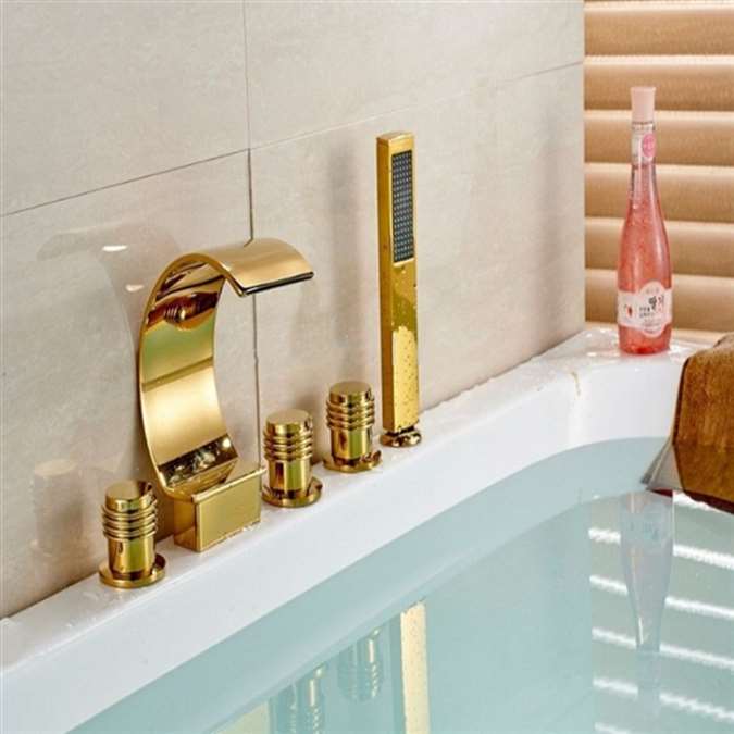BathSelect Gold Three Handles Deck Mount Curved Faucet With Hand-Held Shower