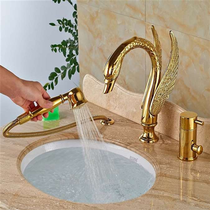 Bathselect Gold Swan 4" Deck Install Bathtub Faucet with Hand Shower