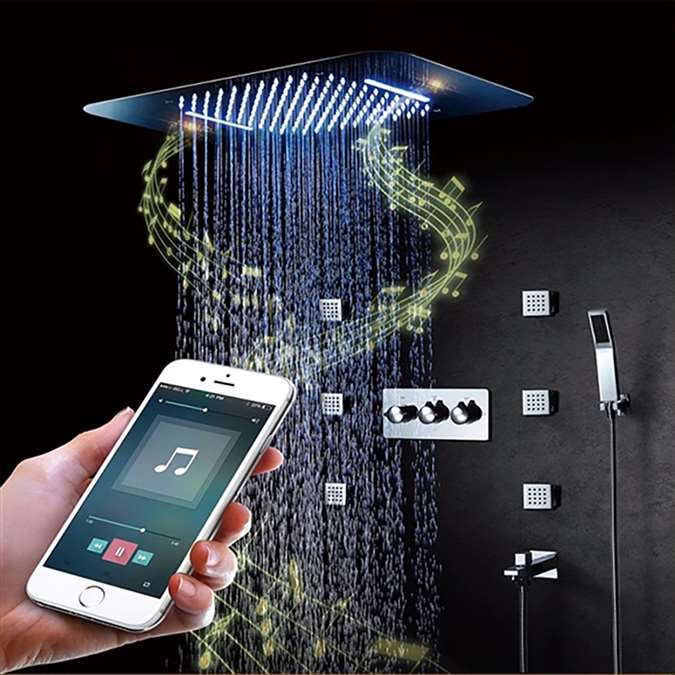 BathSelect Luxury Chrome Curved LED Showerhead Ceiling Phone Control With Jet Spray Set