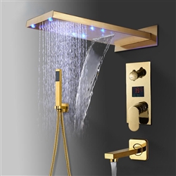 Riviera LED Rectangular Shower Head With Touch Panel Controller And Handheld Shower In Gold Finish