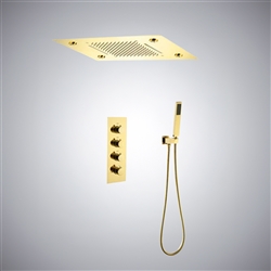 Reno Solid Brass Multi Color LED Rain And Waterfall Shower Head With Thermostatic Mixer Valve Shower Set In Gold