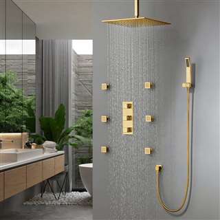 BathSelect Brand vs Grohe Lima Thermostatic Shower Set With Rainfall Shower Head And 6 Pieces SPA massage Jets With 3 Way Mixer Faucet In Gold Finish