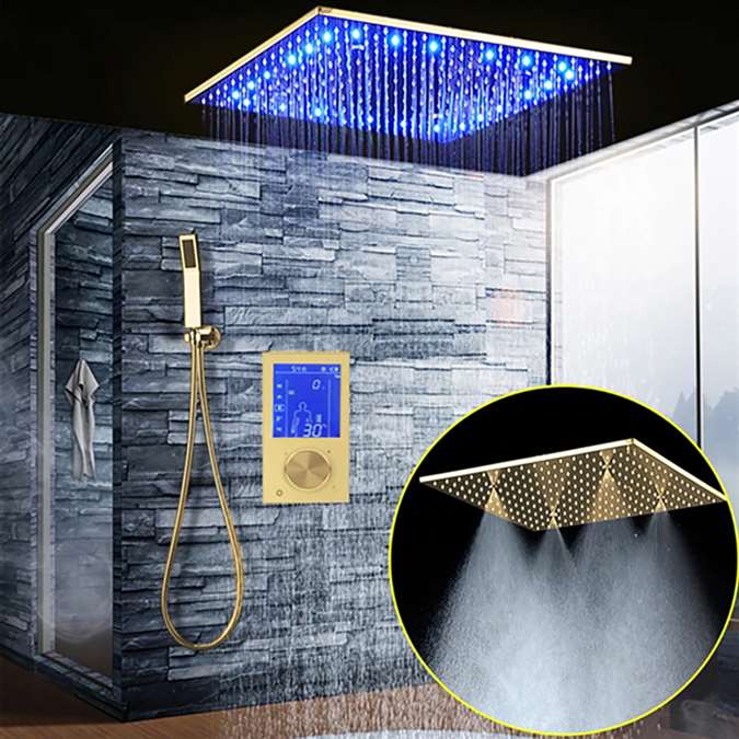BathSelect Ultra Design Solid Brass Multi Color LED Rainfall Shower Head With Handheld Shower And SPA Fog Thermostatic Mixer Valve Shower Set In Gold