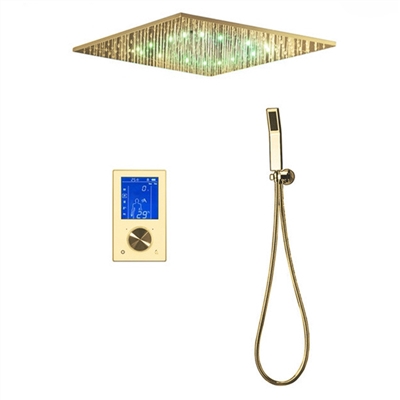 BathSelect Ultra Design Solid Brass Multi Color LED Rainfall Shower Head With Handheld Shower And SPA Fog Thermostatic Mixer Valve Shower Set In Gold
