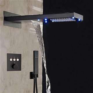 BathSelect Solid Brass Multi Color LED Rain And Waterfall Shower Head With Thermostatic Mixer Valve And Handheld Shower In Dark Oil Rubbed Finish