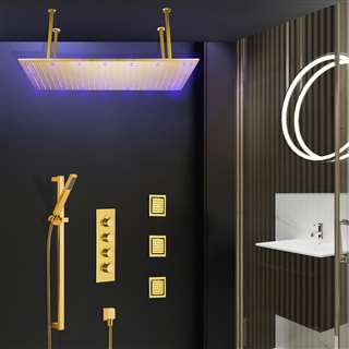 BathSelect Brand vs Grohe Solid Brass Multi Color LED Rainfall Shower Head With Handheld Shower And Thermostatic Mixer In Gold Finish