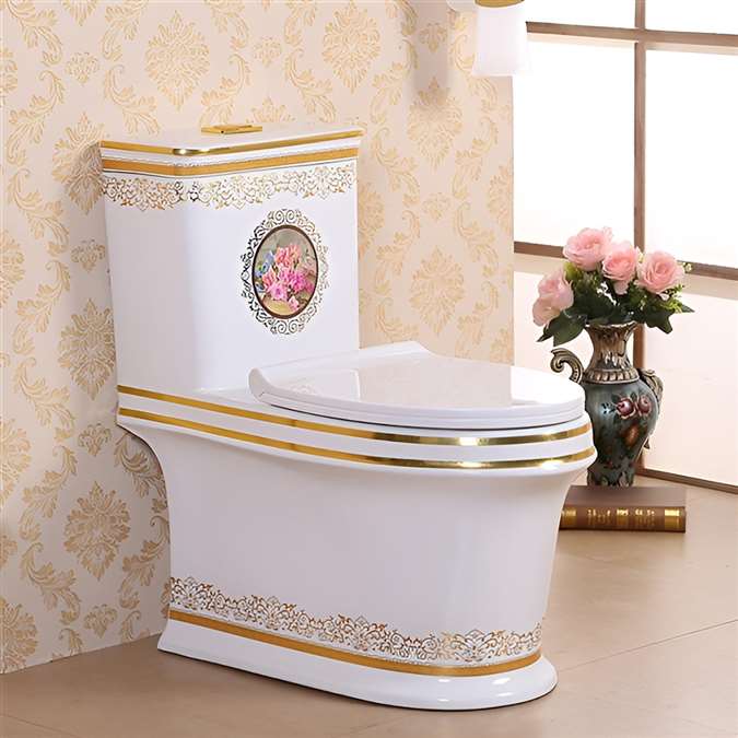 Vermont European Style Floor Mounted Lavatory in Ceramic White and Blue Finish with Gold Lining Design � BS9976