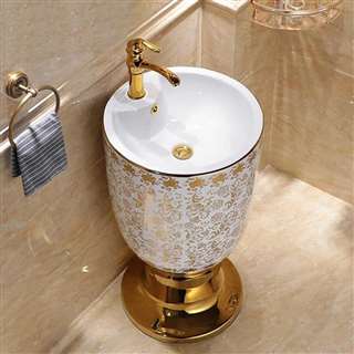 Hospitality Free Standing Sink Georgia Round Freestanding Sink With Faucet In White And Gold