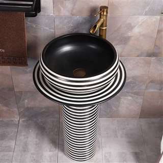 Hospitality Free Standing Sink Crimea Ceramic Pedestal With Sink Bowl In Monochrome Ring Design With Attached Brass Faucet