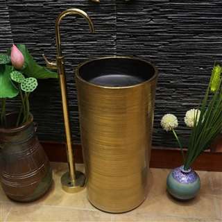 BathSelect Hospitality BIM File Freestanding Pedestal Cylinder Ceramic Wash Bathroom Sink with Faucet in Gold Finish