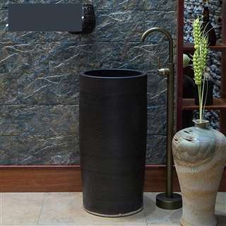 BathSelect Greenville Hospitality Freestanding Pedestal Cylinder Ceramic Wash Bathroom Sink with Faucet in Black Finish