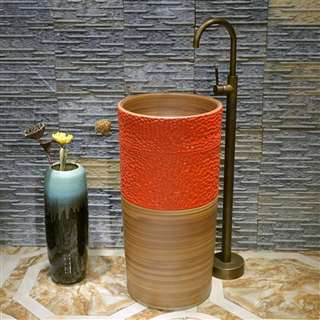 BathSelect Greenville Hospitality BIM File Freestanding Pedestal Cylinder Ceramic Wash Bathroom Sink with Faucet in Wooden and Orange Finish
