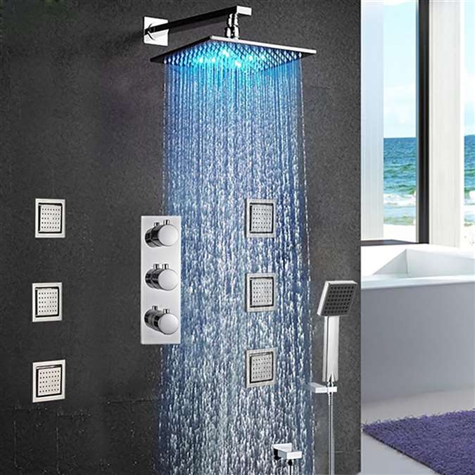Trialo Solid Brass Color Changing Water Powered Led Shower with Adjustable Body Jets and Mixer