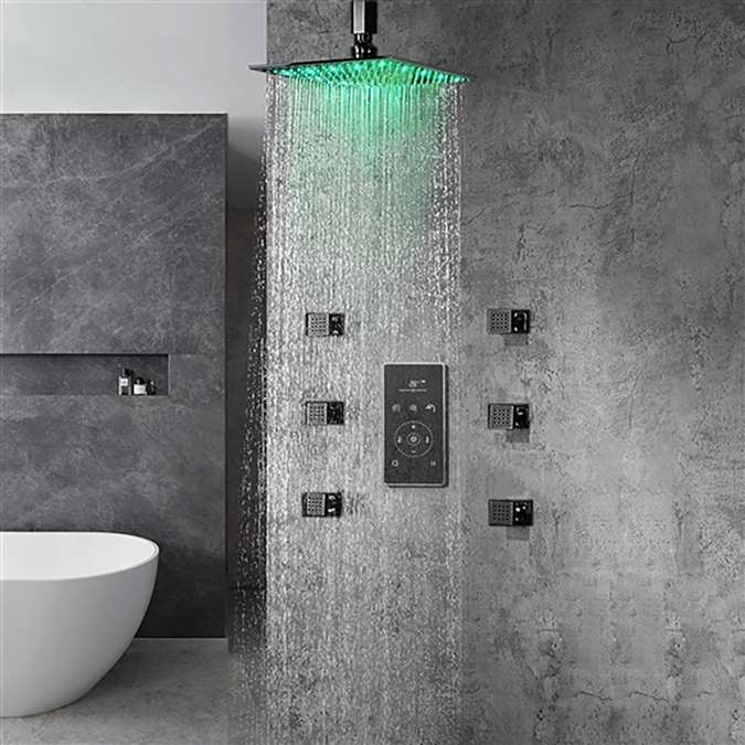 BathSelect Multi Color LED Rain Shower Head With Thermostat LCD Digital Mixer And 360 Adjustable Body Jets